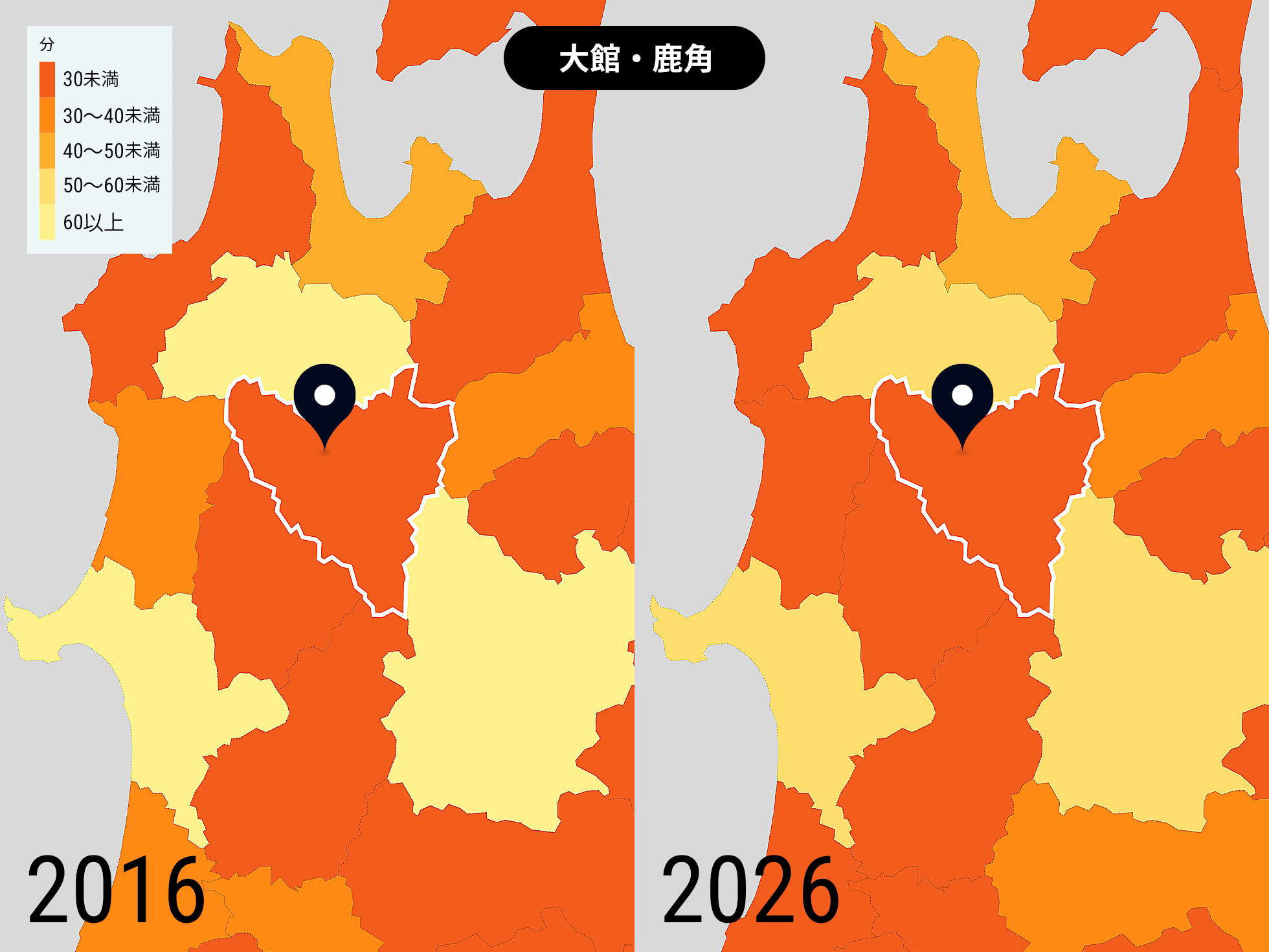 秋田県 大館・鹿角の2016年と2026年の比較