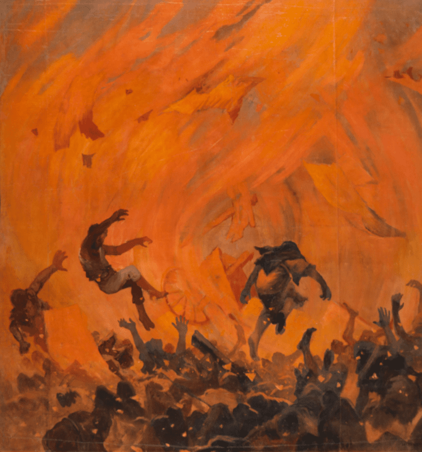 火災が起こした旋風で、人も家も巻き上げられる様子を描いた画家の徳永柳洲の作品